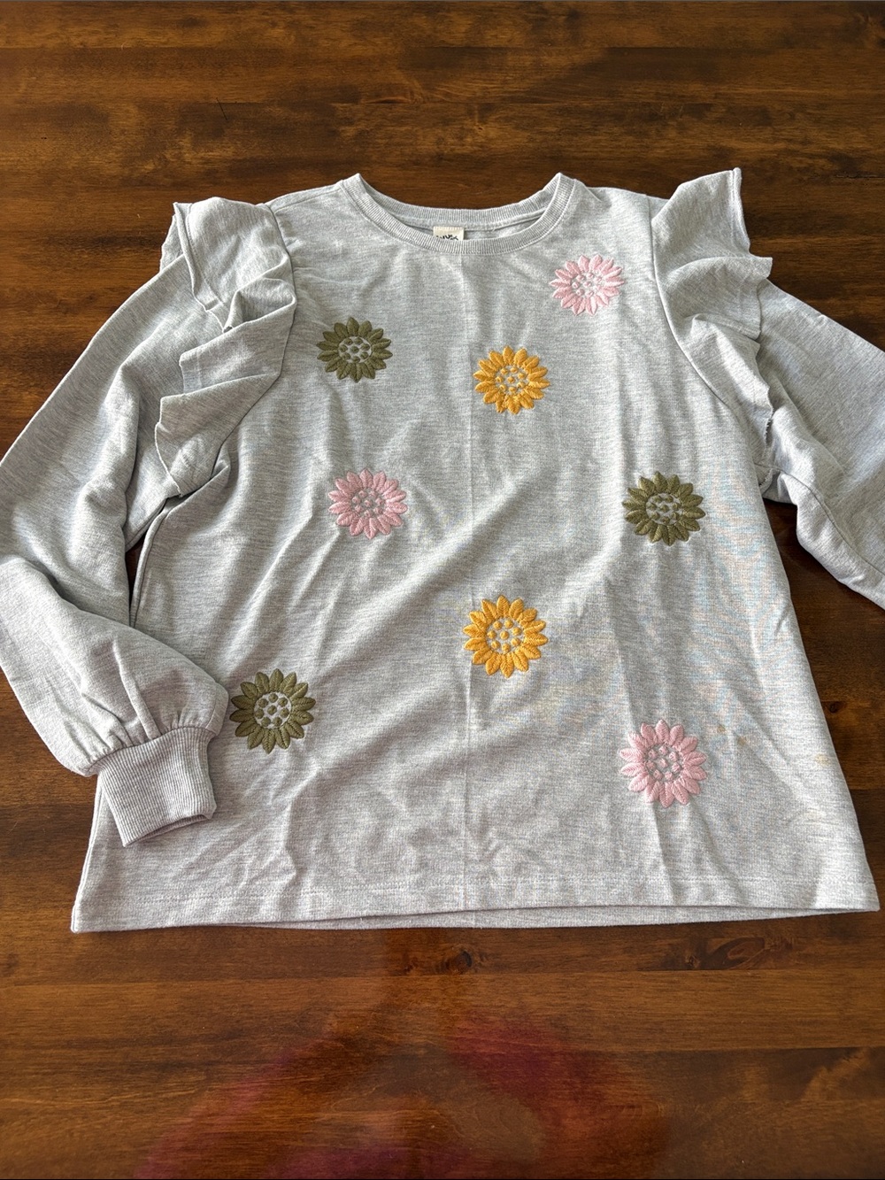 ivy jane Light Gray Long Sleeve Top with Pink, Yellow & Olive Floral Appliqués